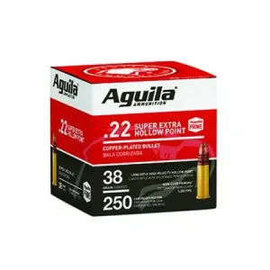 Aguila 1B221103 22LR Ammo: 38gr Copper-Plated Hollow Point, 250 Rounds, 8 Boxes/Case