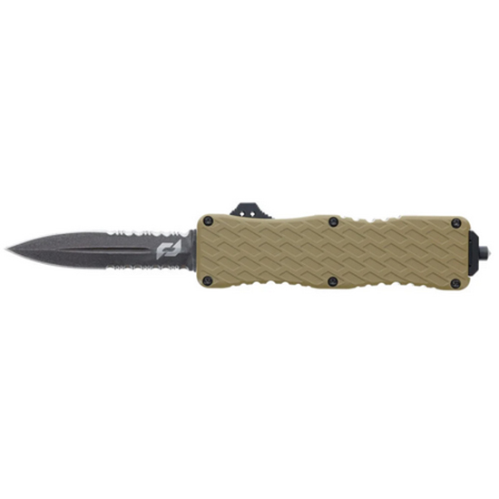 Schrade Uproar Knife - D/A OTF, 3" Serrated Dagger D2 Steel Blade, FDE Aluminum Handle, 3.3oz