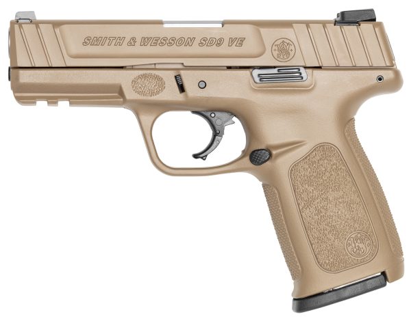 Smith & Wesson 13655 SDVE Compact 9mm Luger 16+1 4" Stainless Flat Dark Earth Cerakote Serrated Slide, Polymer Frame w/Picatinny Rail, FDE Textured Grips, Right Hand