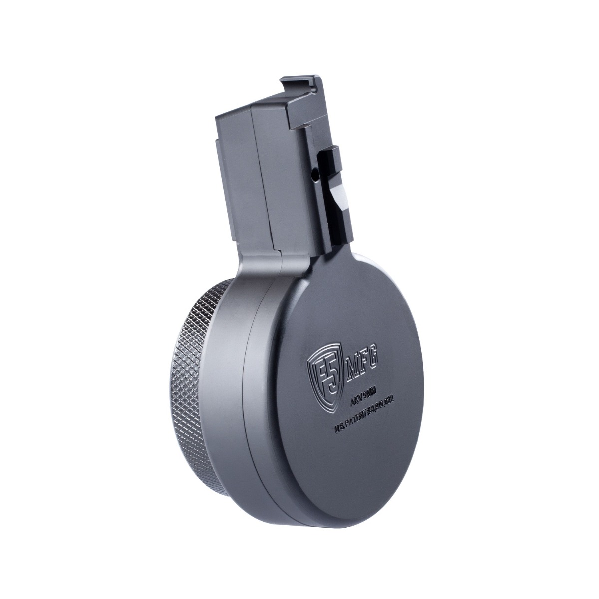 F5 AK-V 9mm 50 Round Billet Aluminum Drum Magazine - Armor Black Engraved F5 logo F5-AKV-BLK