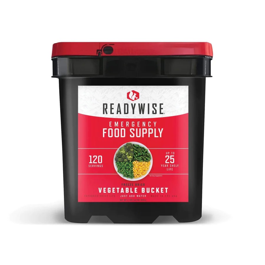 What s included in each bucket 4 pouches of Corn 8 servings ea. 3 Peas